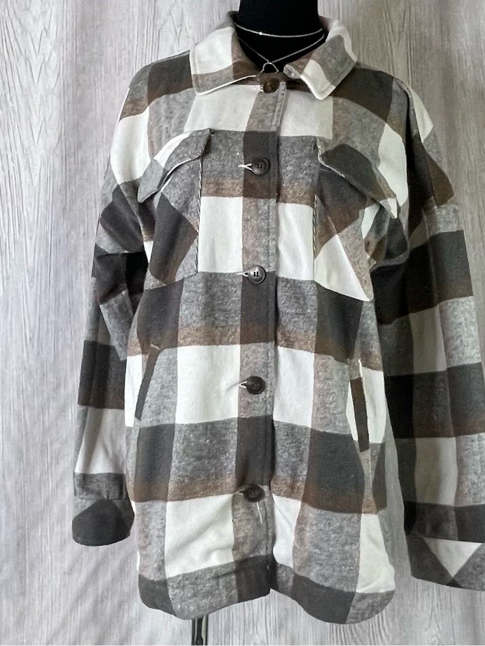Ci Sono utility Plaid Collection Flannel Shirt Jacket Shacket Brown Gray L